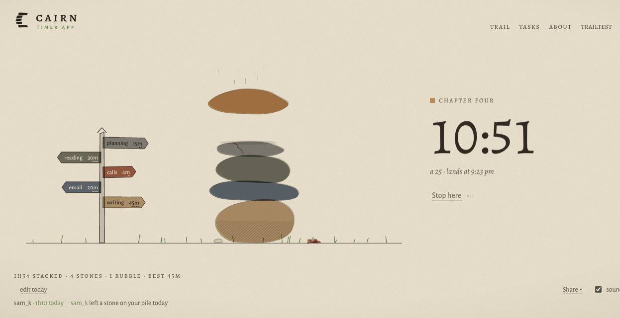 Cairn Timer during a session: a pile of stones with a signpost listing each session, and the timer counting down